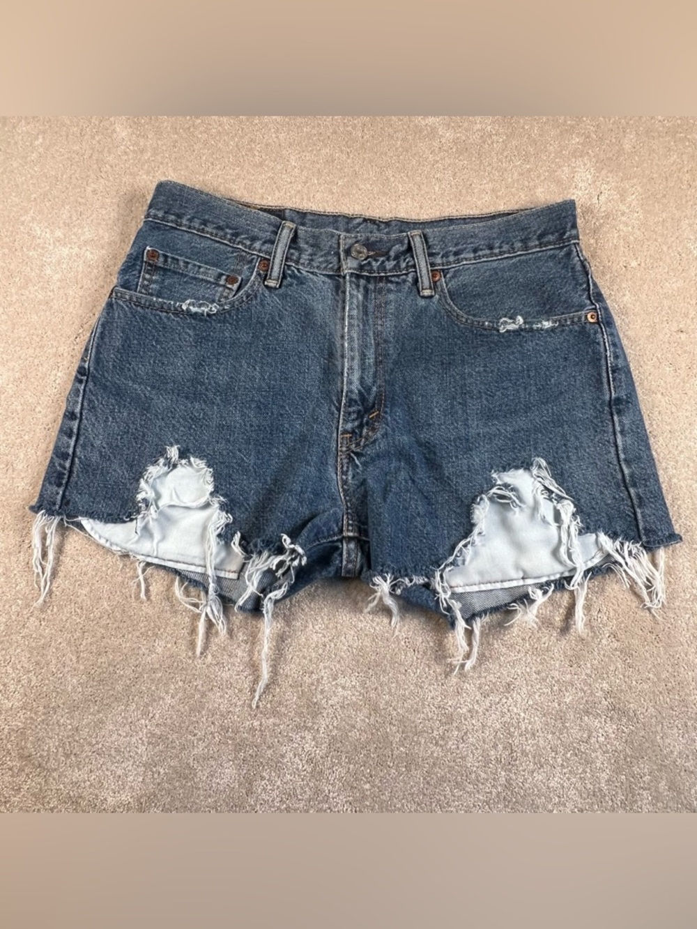 Levis 505 Cut Off Jean Shorts Blue Denim Distressed Summer Concert Women's 32